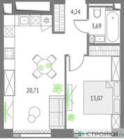 Планировка однокомнатной(квартира) площадью 41.71 квадратных метров в “ЖК Upside Towers (Апсайд Тауэрс)”