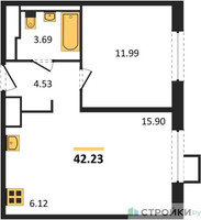 Планировка однокомнатной(квартира) площадью 42.23 квадратных метров в “ЖК Пригород Лесное”