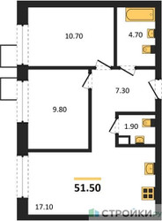 Планировка двухкомнатной(квартира) площадью 51.5 квадратных метров в ЖК “ЖК Никольский квартал Отрада”
