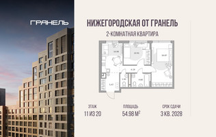 Планировка двухкомнатной(квартира) площадью 54.98 квадратных метров в “ЖК Нижегородская от Гранель”