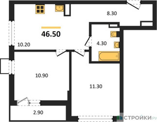 Планировка двухкомнатной(квартира) площадью 46.5 квадратных метров в ЖК “ЖК Деснаречье”
