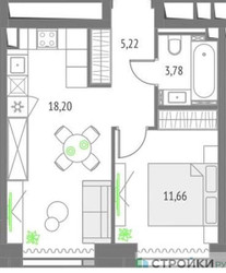 Планировка однокомнатной(квартира) площадью 38.86 квадратных метров в ЖК “ЖК Upside Towers (Апсайд Тауэрс)”