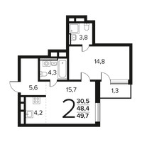 Планировка двухкомнатной(квартира) площадью 49.7 квадратных метров в “Новые Ватутинки. Заречный”