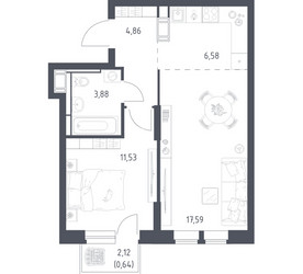 Планировка однокомнатной(квартира) площадью 45.08 квадратных метров в ЖК “ЖК Большое Путилково”