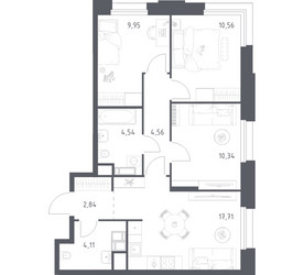 Планировка трехкомнатной(апартаменты) площадью 64.61 квадратных метров в ЖК “ЖК Апарт-отель Тропарево парк”