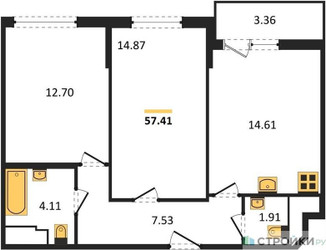 Планировка двухкомнатной(квартира) площадью 57.41 квадратных метров в ЖК “ЖК Светлый мир БиоПолис”