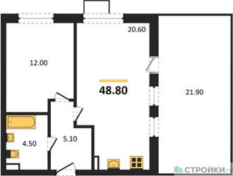 Планировка однокомнатной(квартира) площадью 48.8 квадратных метров в ЖК “ЖК Прокшино”