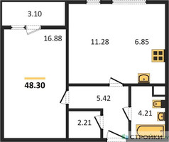 Планировка однокомнатной(квартира) площадью 48.3 квадратных метров в “ЖК Одинград. Квартал Семейный”