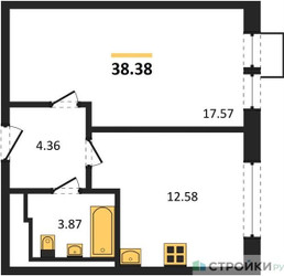 Планировка однокомнатной(квартира) площадью 38.38 квадратных метров в ЖК “ЖК Квартал Ивакино”