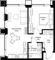 Планировка однокомнатной(квартира) площадью 45.6 квадратных метров в “Мультиквартал СИТИДЗЕН”