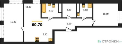 Планировка двухкомнатной(квартира) площадью 60.7 квадратных метров в ЖК “ЖК Детали”
