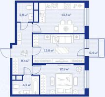Планировка двухкомнатной(квартира) площадью 55.8 квадратных метров в “ЖК Аристов берег”