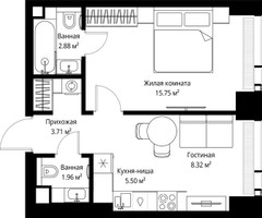 Планировка однокомнатной(квартира) площадью 38.12 квадратных метров в “ЖК Веер”
