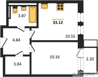 Планировка однокомнатной(квартира) площадью 33.12 квадратных метров в ЖК “ЖК Квартал Авиаторов”