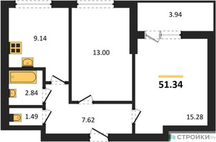 Планировка двухкомнатной(квартира) площадью 51.34 квадратных метров в “ЖК Химки Тайм”