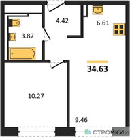Планировка однокомнатной(квартира) площадью 34.63 квадратных метров в “ЖК Пригород Лесное”