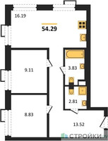 Планировка двухкомнатной(квартира) площадью 54.29 квадратных метров в “ЖК N’ICE LOFT (Найс Лофт)”