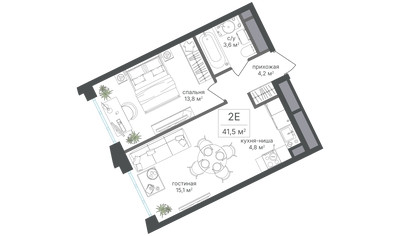 Планировка двухкомнатной(квартира) площадью 41.5 квадратных метров в ЖК “ЖК Михалковский”