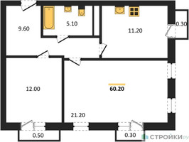 Планировка двухкомнатной(квартира) площадью 60.2 квадратных метров в “ЖК Южная Долина”