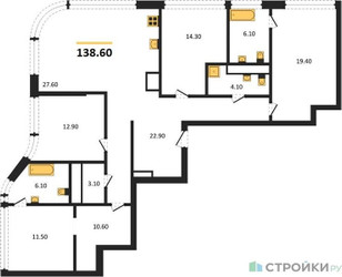 Планировка 4+ комнатной(квартира) площадью 138.6 квадратных метров в ЖК “ЖК Остров”