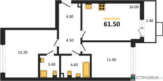 Планировка двухкомнатной(квартира) площадью 61.5 квадратных метров в “ЖК Прокшино”