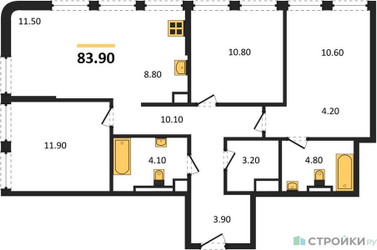 Планировка трехкомнатной(квартира) площадью 88.8 квадратных метров в ЖК “ЖК Sokolniki (Сокольники)”
