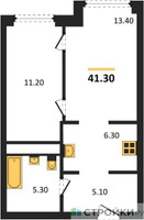 Планировка однокомнатной(квартира) площадью 41.3 квадратных метров в “ЖК Мираполис”