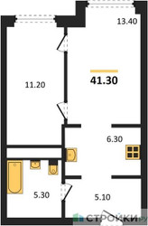 Планировка однокомнатной(квартира) площадью 41.3 квадратных метров в ЖК “ЖК Мираполис”