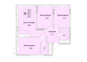 Планировка трехкомнатной(квартира) площадью 75.1 квадратных метров в ЖК “ЖК Отрадный”