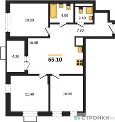Планировка трехкомнатной(квартира) площадью 65.1 квадратных метров в ЖК “ЖК Прокшино”