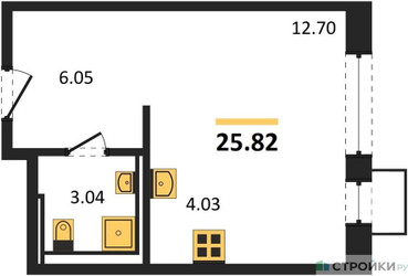 Планировка студии(квартира) площадью 25.82 квадратных метров в ЖК “ЖК Новое Видное”