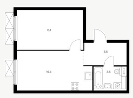 Планировка однокомнатной(квартира) площадью 42.4 квадратных метров в “ЖК Первый Дубровский”