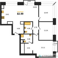 Планировка трехкомнатной(квартира) площадью 82.99 квадратных метров в “ЖК LIFE Варшавская”