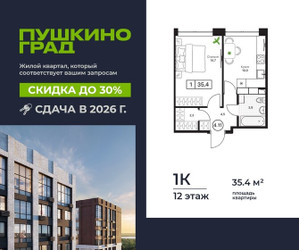 Планировка однокомнатной(квартира) площадью 35.4 квадратных метров в ЖК “ЖК Пушкино Град”