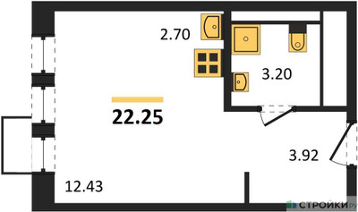 Планировка студии(квартира) площадью 22.25 квадратных метров в ЖК “Квартал Ивакино”