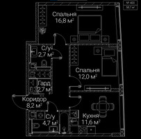 Планировка двухкомнатной(квартира) площадью 58.7 квадратных метров в “ЖК СЕЗАР БУДУЩЕЕ”