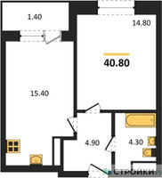 Планировка однокомнатной(квартира) площадью 40.8 квадратных метров в “ЖК Пушкино Град”