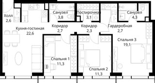 Планировка трехкомнатной(квартира) площадью 85.8 квадратных метров в “ЖК Сити Бэй”