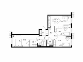 Планировка трехкомнатной(квартира) площадью 82 квадратных метров в “ЖК Зеленый парк”