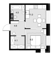 Планировка однокомнатной(квартира) площадью 33.6 квадратных метров в “ЖК Театральный квартал”