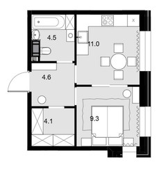 Планировка однокомнатной(квартира) площадью 33.6 квадратных метров в ЖК “ЖК Театральный квартал”