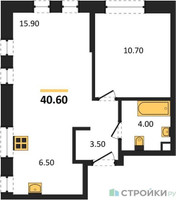 Планировка однокомнатной(квартира) площадью 40.6 квадратных метров в “ЖК Квартал на воде (Графика на воде)”