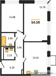 Планировка двухкомнатной(квартира) площадью 54.59 квадратных метров в ЖК “ЖК Квартал Западный”