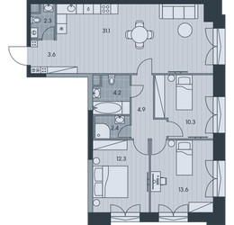 Планировка 4+ комнатной(квартира) площадью 84.7 квадратных метров в ЖК “ЖК Ever (Эвер)”