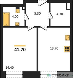 Планировка однокомнатной(квартира) площадью 41.7 квадратных метров в ЖК “ЖК STONE Rise (Райз)”