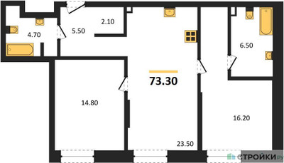 Планировка двухкомнатной(квартира) площадью 73.3 квадратных метров в ЖК “ЖК STONE Rise (Райз)”