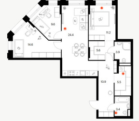 Планировка трехкомнатной(квартира) площадью 89.1 квадратных метров в ЖК “ЖК Саларьево парк”