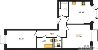 Планировка двухкомнатной(квартира) площадью 57.34 квадратных метров в “ЖК Квартал Домашний”