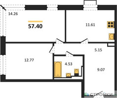 Планировка двухкомнатной(квартира) площадью 57.4 квадратных метров в “ЖК Квартал Герцена”