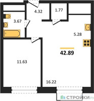 Планировка однокомнатной(квартира) площадью 42.89 квадратных метров в “ЖК Новоград Павлино”